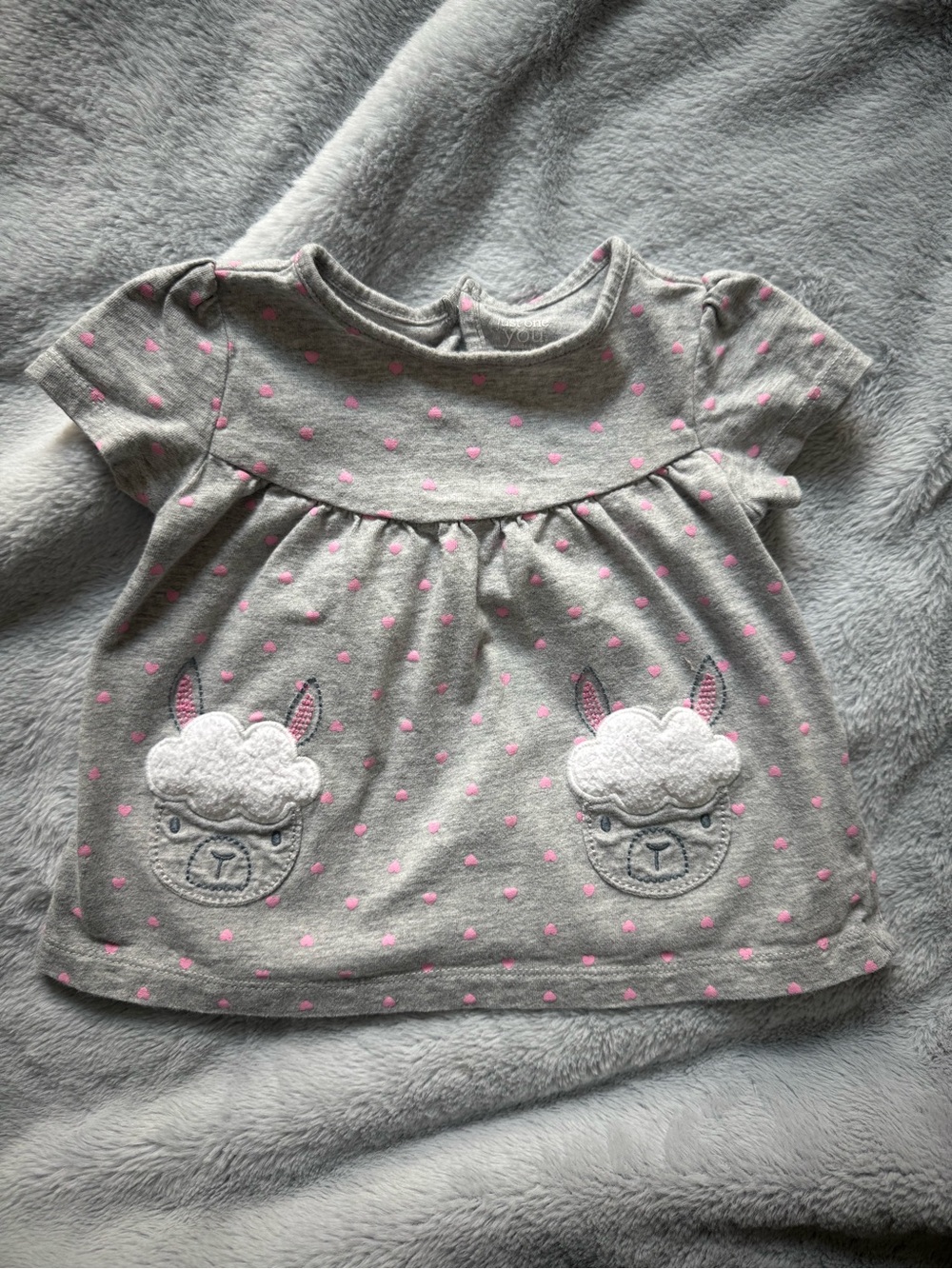 Gray & Pink Dot Baby Top with Lamb Appliqués
